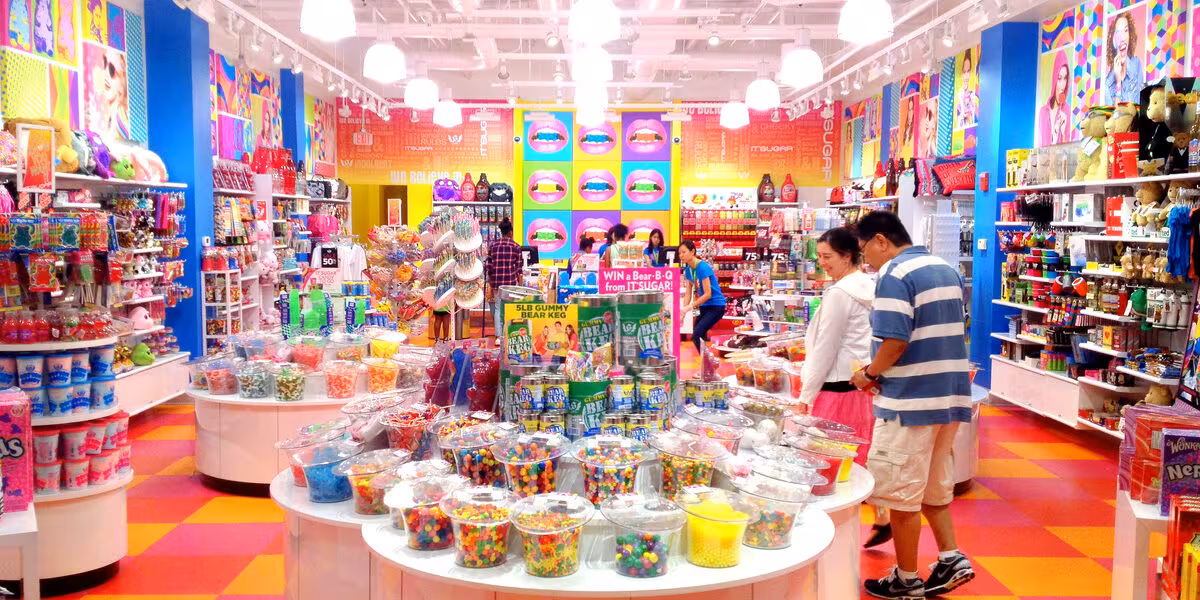Interior de una dulcería con exhibidores de dulces de colores