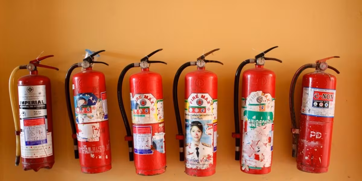 Hilera de extintores de polvo químico colgados en un muro naranja
