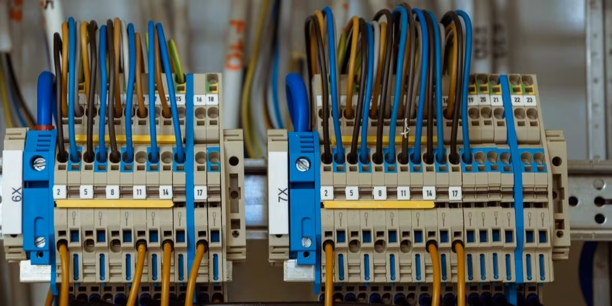 Tablero eléctrico con clemas y cableado de colores