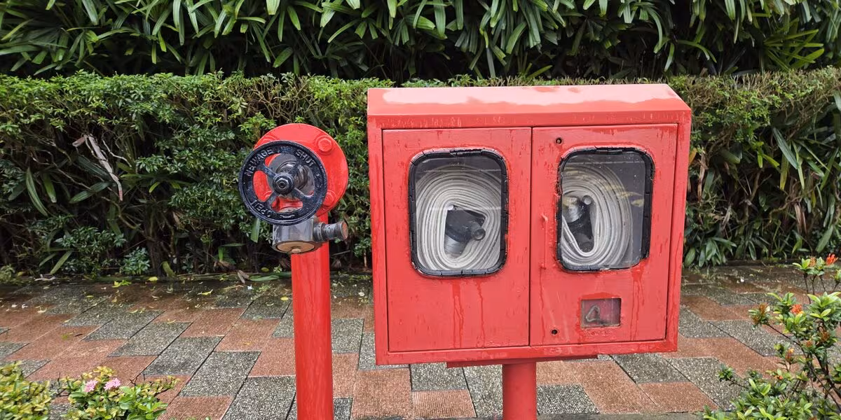 Hidrante y gabinete de manguera contra incendio rojos junto a un jardín